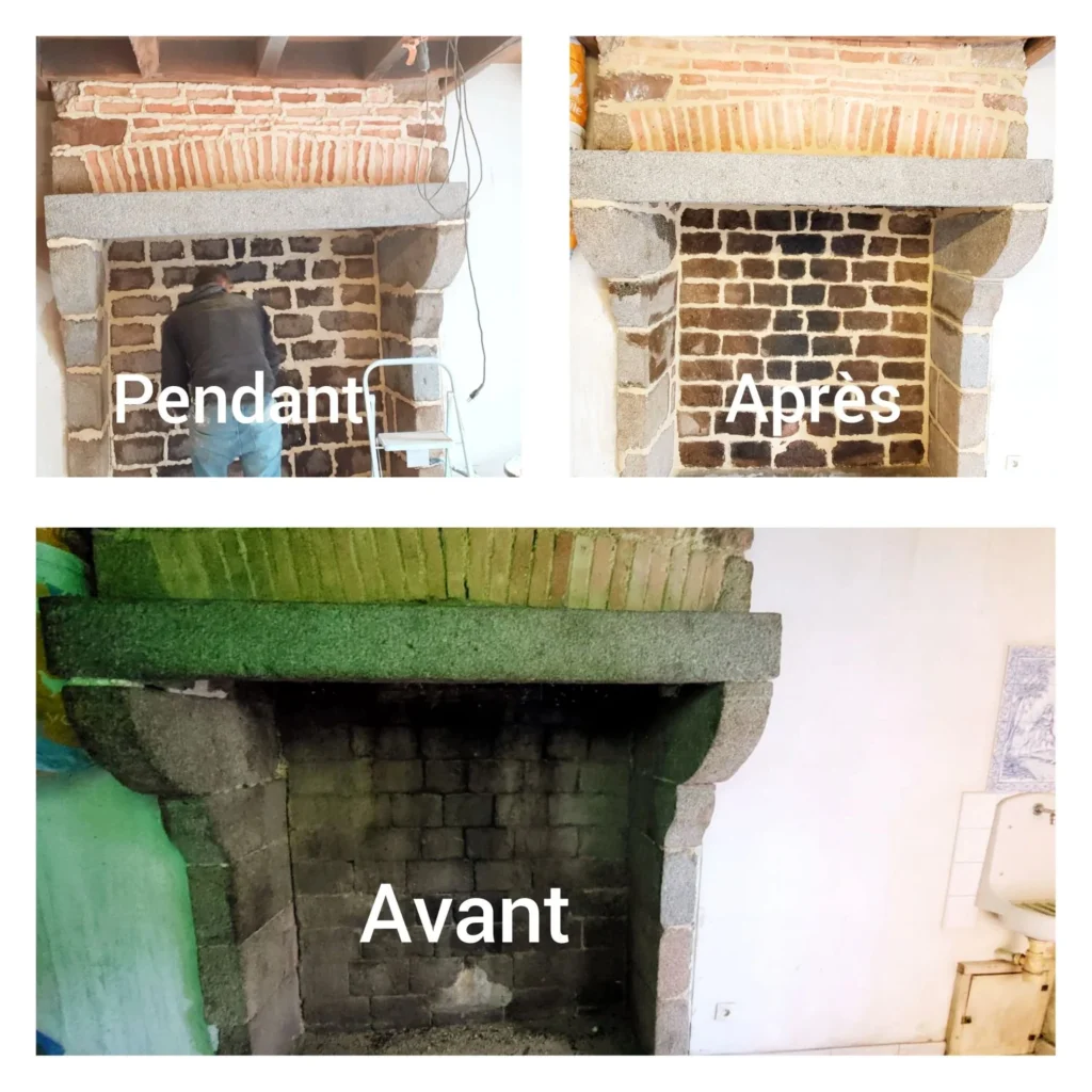 Avant, pendant et après du nettoyage et sablage d'une cheminée en pierre